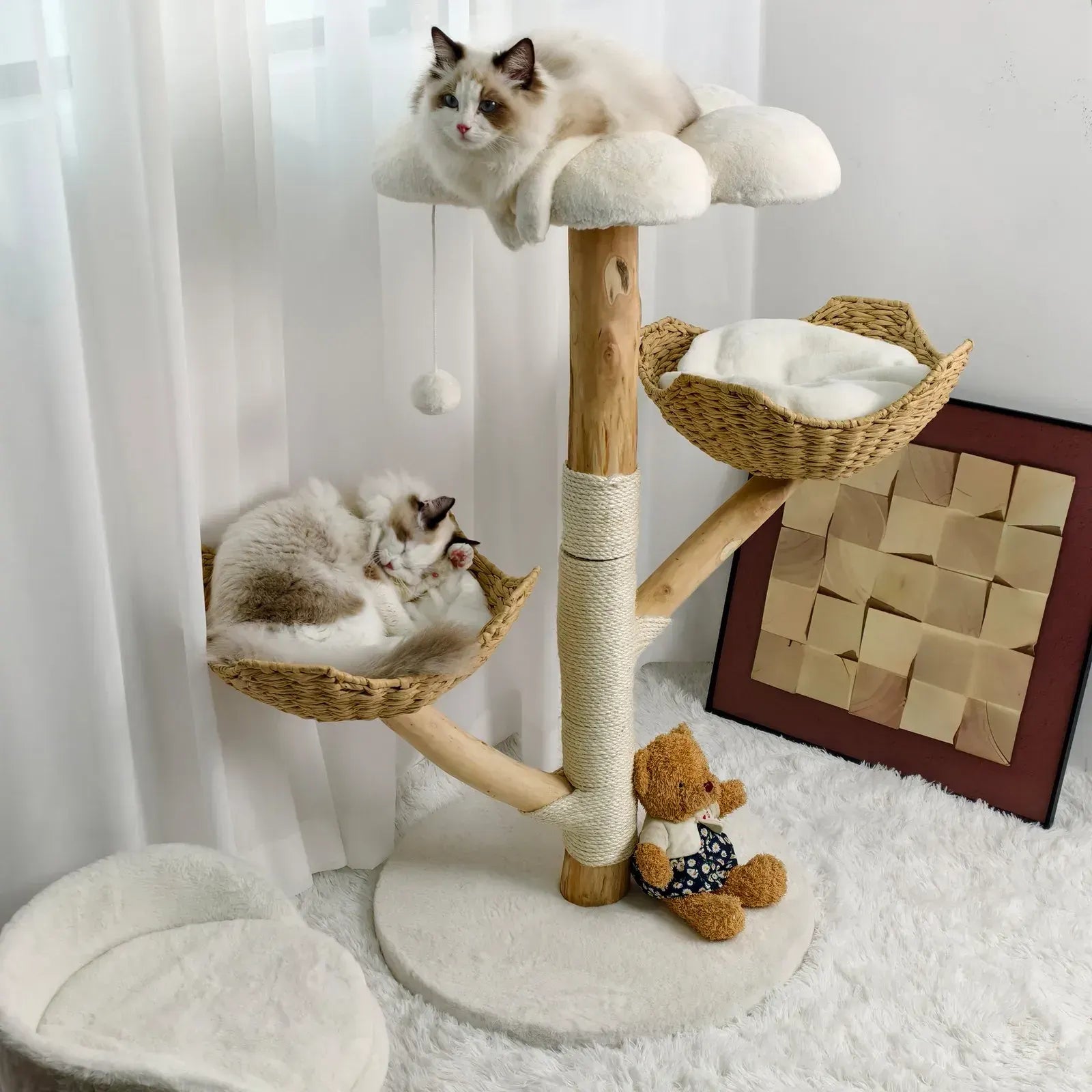 Extra Large Black Cat Tree Tower with Real Wood and Wicker Basket, 60x111cm - Image 7