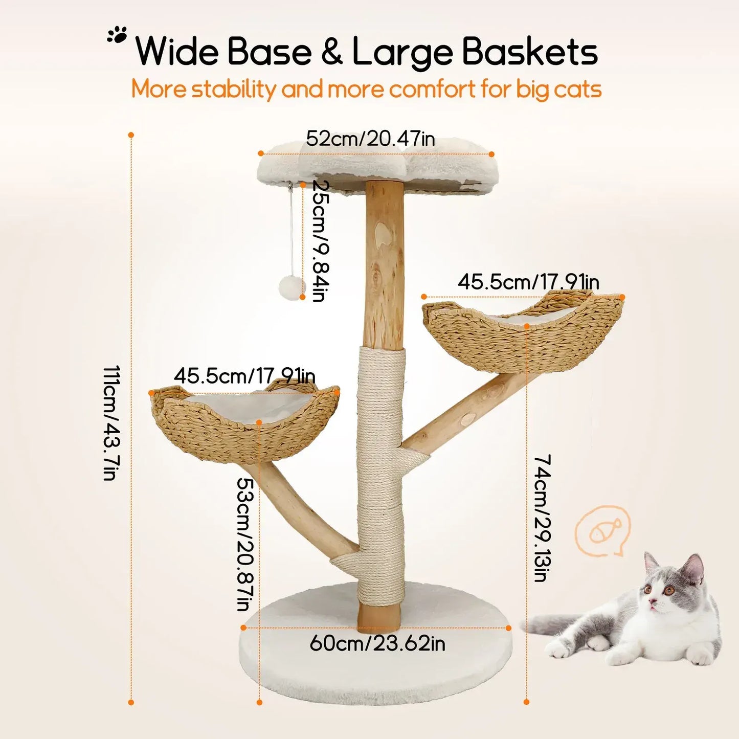 Extra Large Black Cat Tree Tower with Real Wood and Wicker Basket, 60x111cm - Image 8