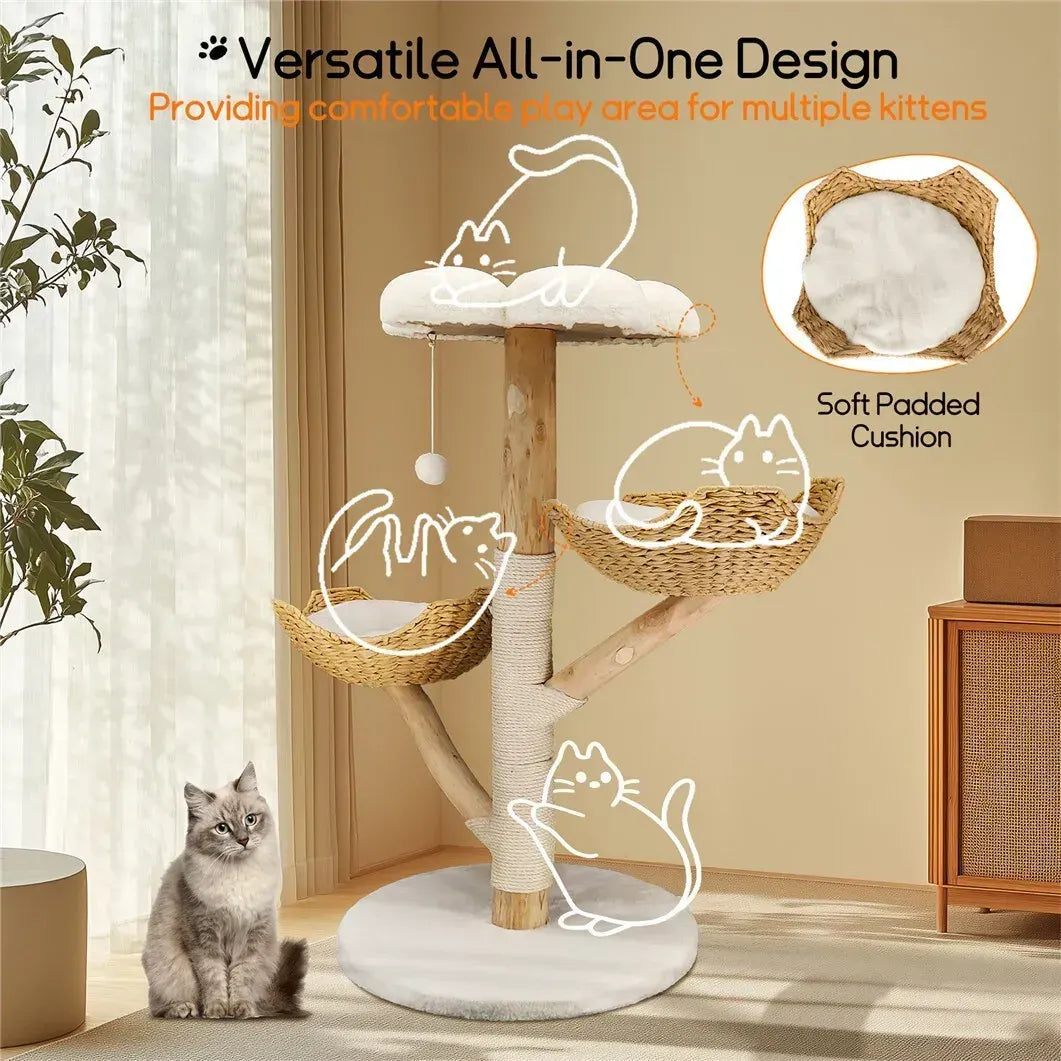Extra Large Black Cat Tree Tower with Real Wood and Wicker Basket, 60x111cm - Image 9