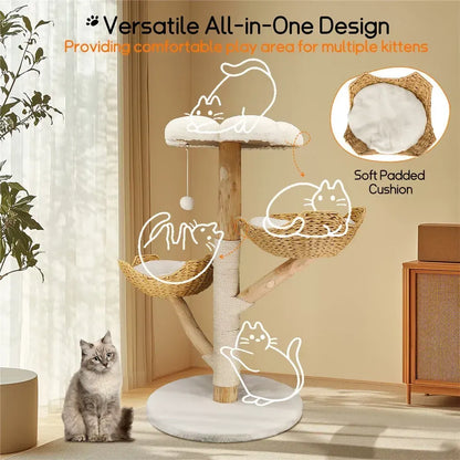 Extra Large Black Cat Tree Tower with Real Wood and Wicker Basket, 60x111cm - Image 9