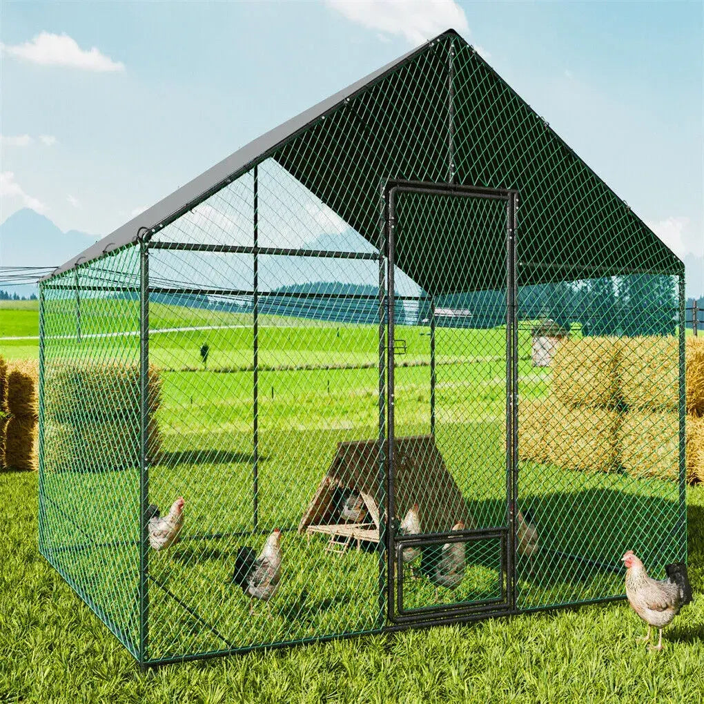 Heavy Duty Large Black Metal Walk-In Chicken Run Coop with Cover, 276x207x300cm