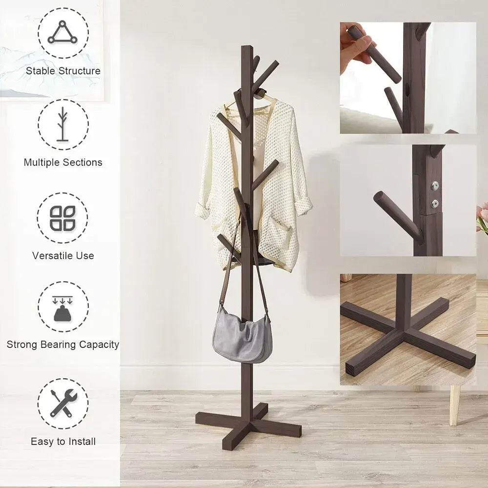 Solid Wood Coat Rack Stand in Natural Finish for Entryway, 80x180cm - Image 2