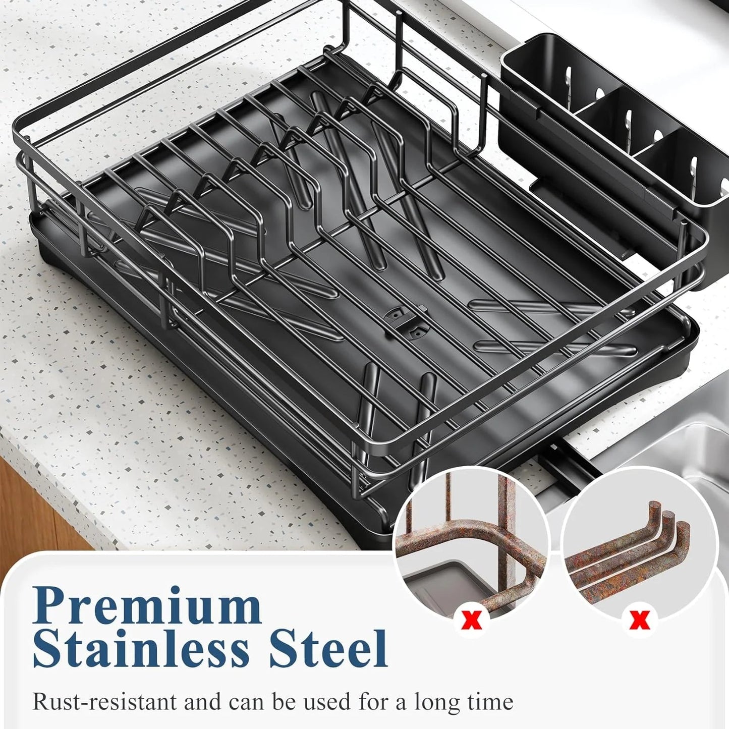 Large Dish Drying Rack with Drainboard Black - Image 4