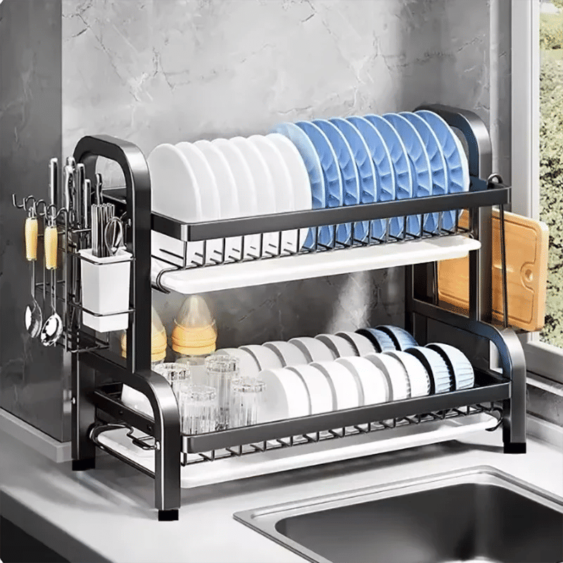 Compact 2-Tier Dish Drying Rack with Drainboard - Image 6