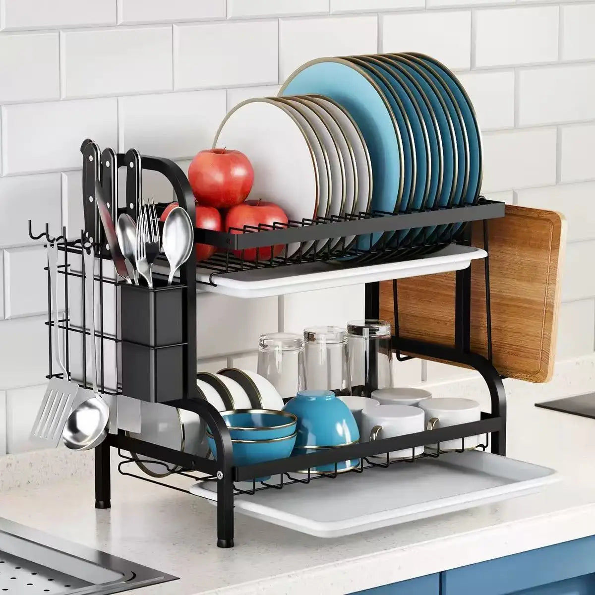 Compact 2-Tier Dish Drying Rack with Drainboard - Image 7