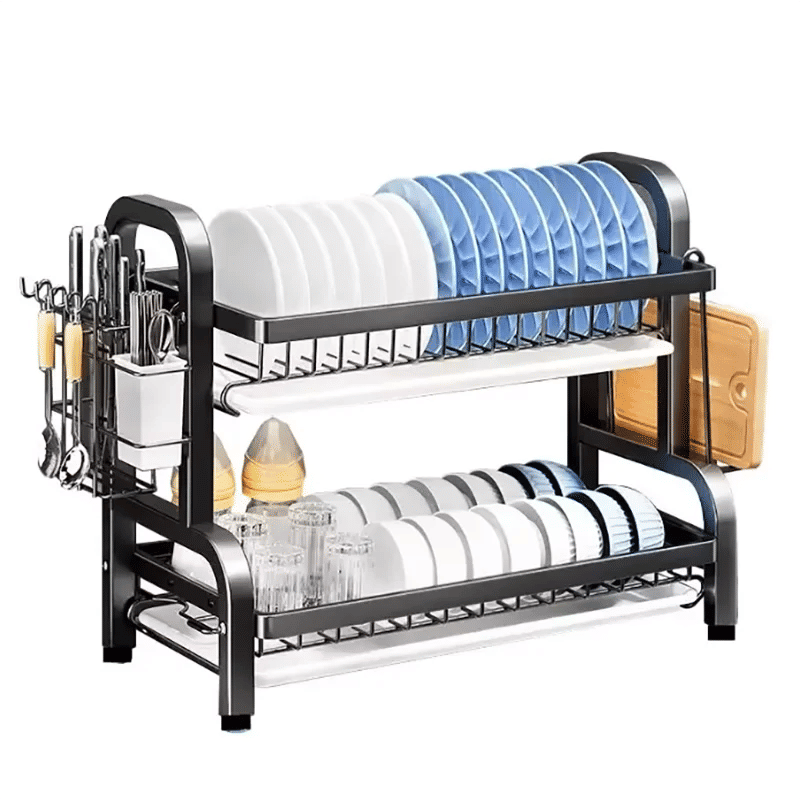 Compact 2-Tier Dish Drying Rack with Drainboard - Image 8