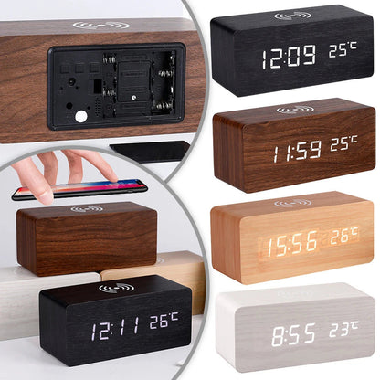 Modern Wooden LED Desk Clock with Qi Charger - Image 2