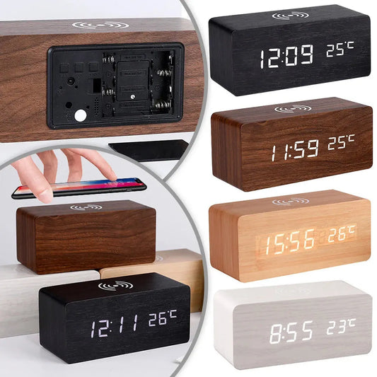 Modern Wooden LED Desk Clock with Qi Charger - Image 2