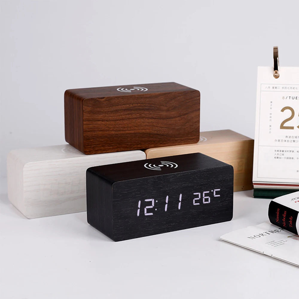 Modern Wooden LED Desk Clock with Qi Charger - Image 3