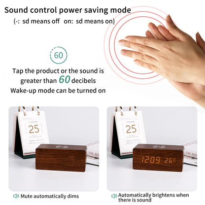 Modern Wooden LED Desk Clock with Qi Charger - Image 2