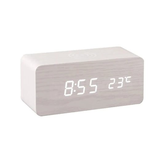 LED Wooden Desk Clock with Qi Charger