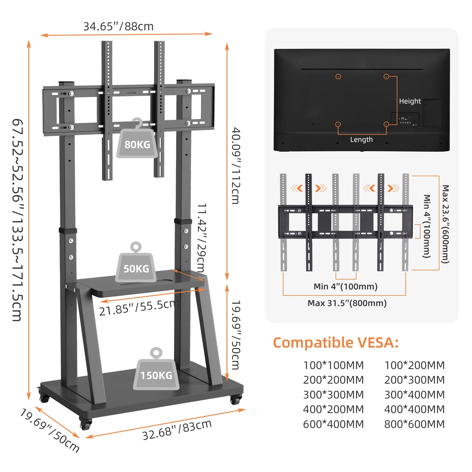 Adjustable Heavy Duty Mobile TV Cart Stand - Image 2