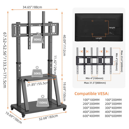 Adjustable Heavy Duty Mobile TV Cart Stand - Image 2