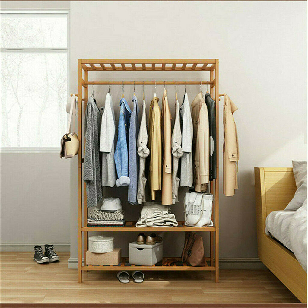 3-Tier Wooden Clothes Rack Rolling Garment Stand w/ Hooks - Image 2