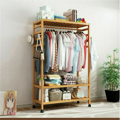 3-Tier Wooden Clothes Rack Rolling Garment Stand w/ Hooks - Image 3