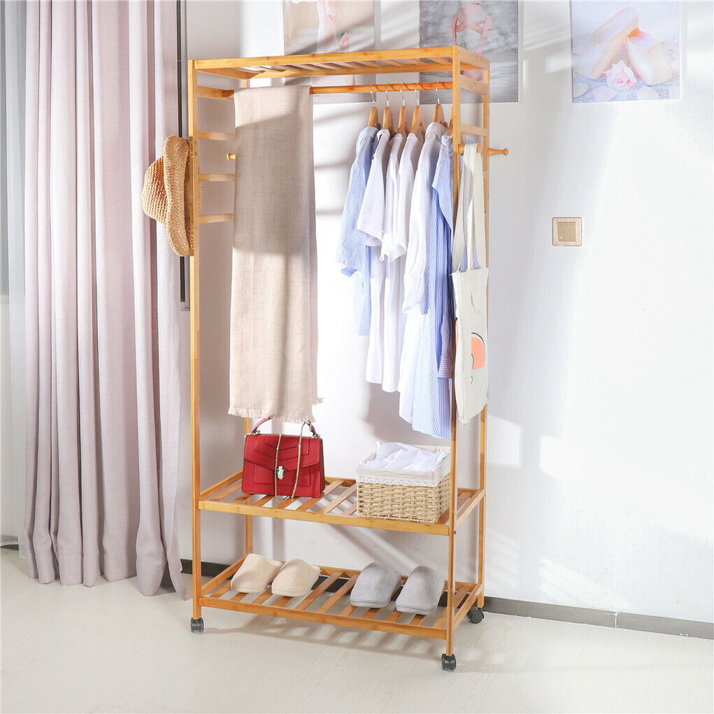 3-Tier Wooden Clothes Rack Rolling Garment Stand w/ Hooks - Image 4