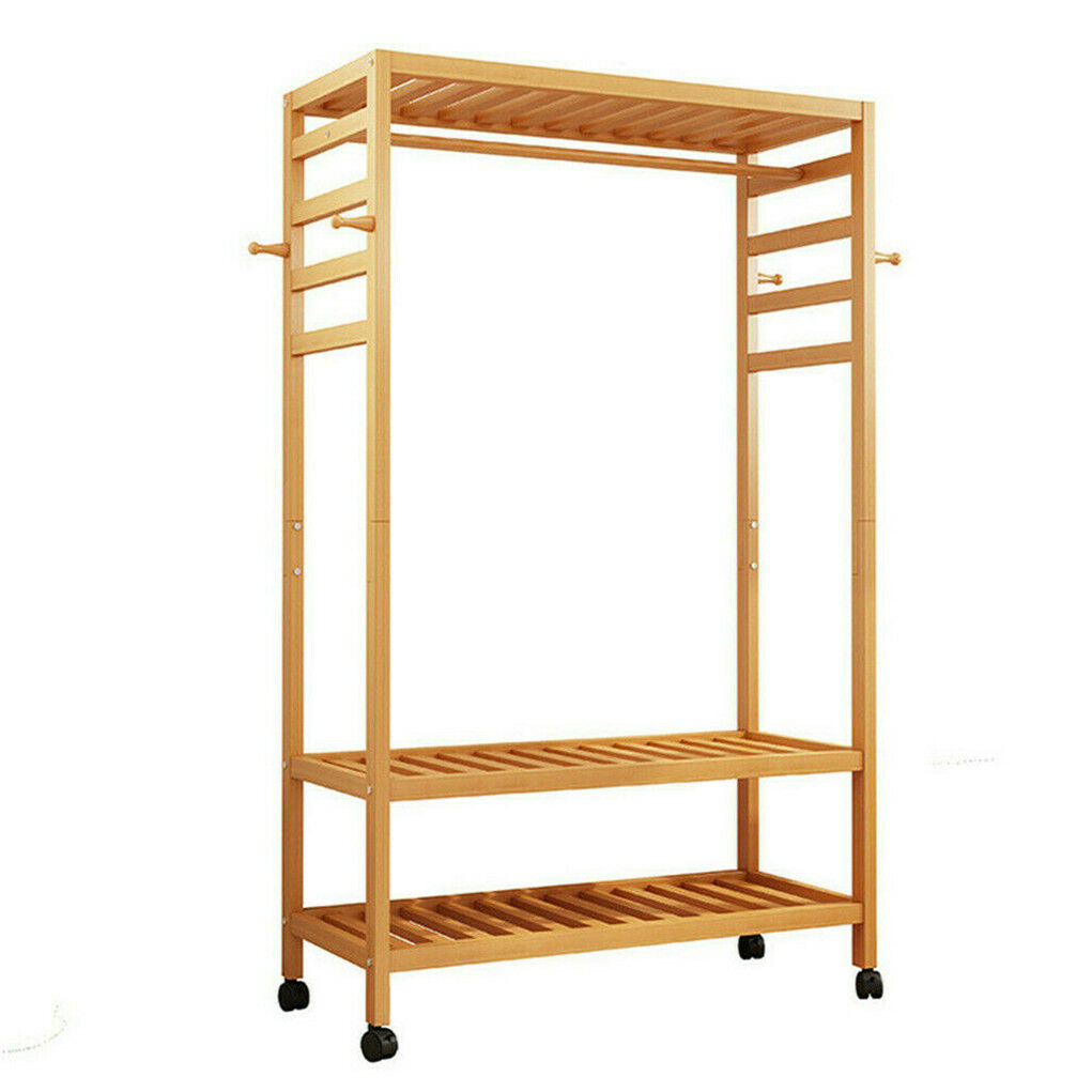 3-Tier Wooden Clothes Rack Rolling Garment Stand w/ Hooks - Image 5