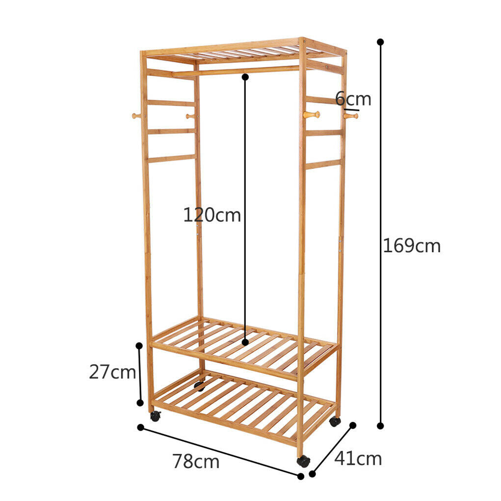 3-Tier Wooden Clothes Rack Rolling Garment Stand w/ Hooks - Image 6