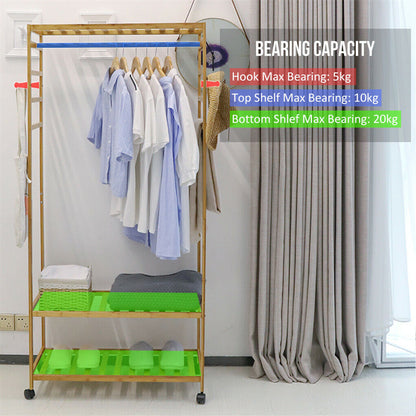 3-Tier Wooden Clothes Rack Rolling Garment Stand w/ Hooks - Image 7