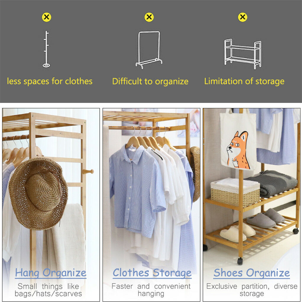 3-Tier Wooden Clothes Rack Rolling Garment Stand w/ Hooks - Image 8