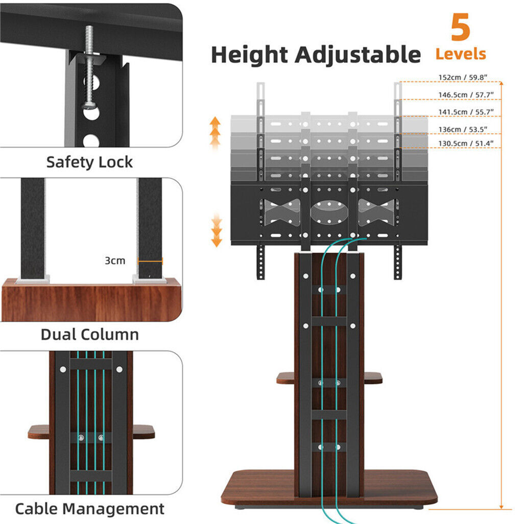 Heavy Duty TV Floor Stand Adjustable Mount 65 Black Brown - Image 9