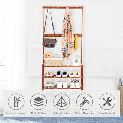 Bamboo 5-Tier Hat Coat Shoe Rack Entryway Bench Hanger Storage - Image 2