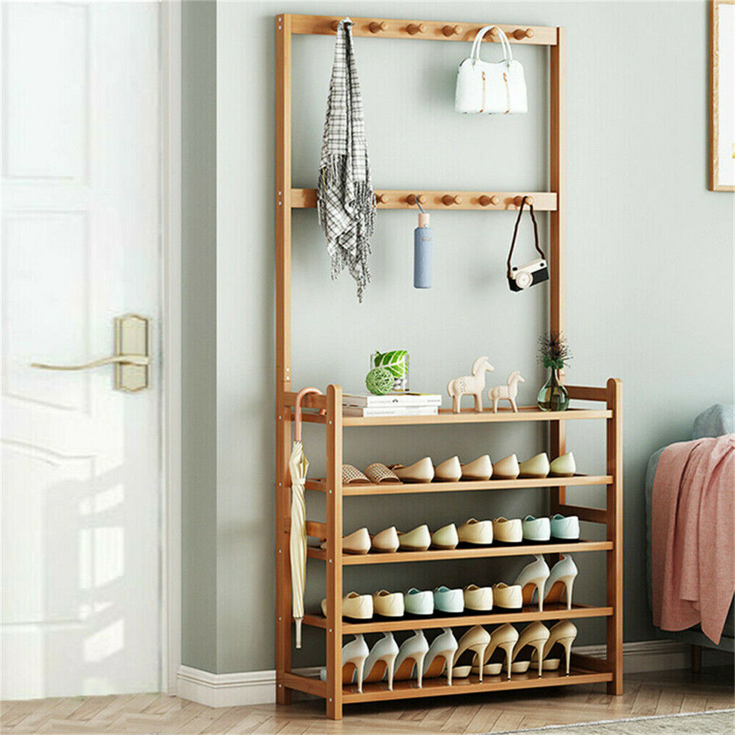 Bamboo 5-Tier Hat Coat Shoe Rack Entryway Bench Hanger Storage - Image 3
