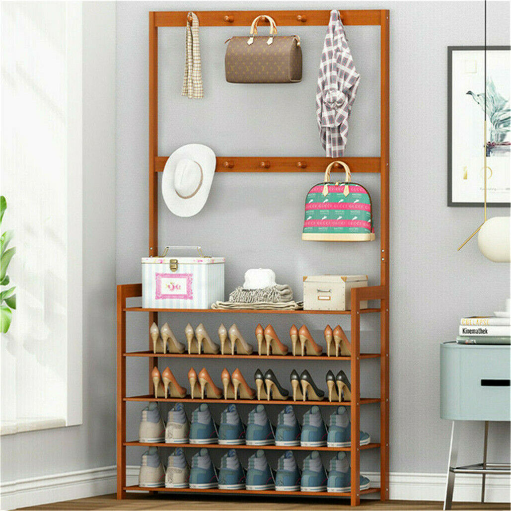Bamboo 5-Tier Hat Coat Shoe Rack Entryway Bench Hanger Storage - Image 4