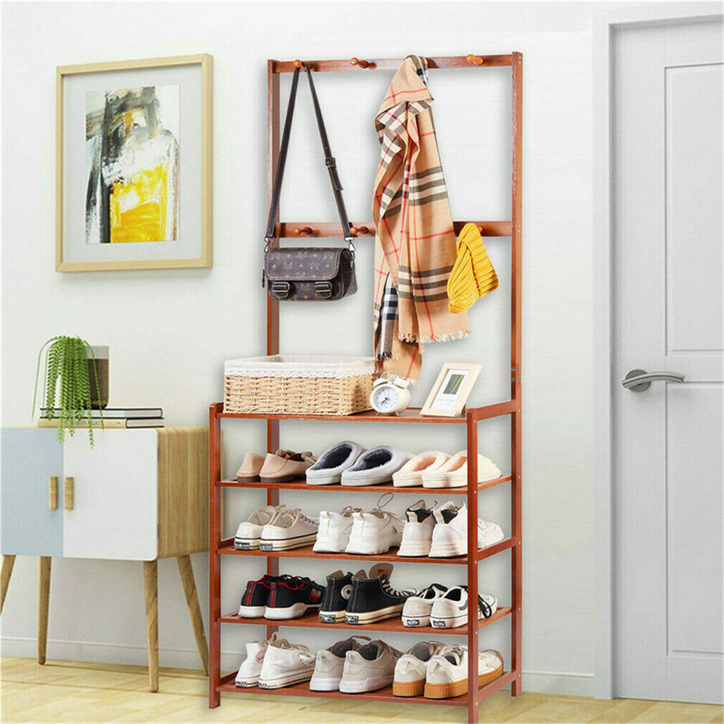 Bamboo 5-Tier Hat Coat Shoe Rack Entryway Bench Hanger Storage - Image 5