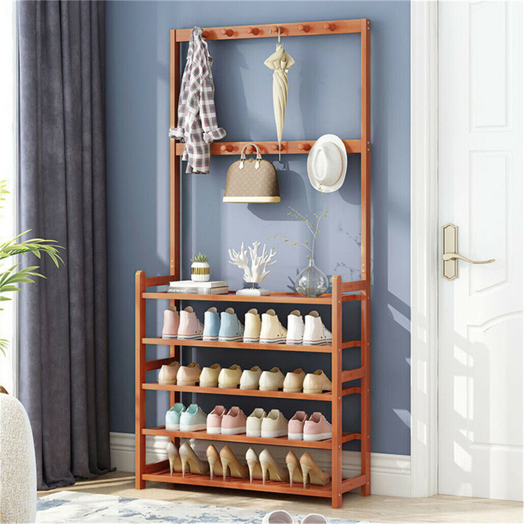 Bamboo 5-Tier Hat Coat Shoe Rack Entryway Bench Hanger Storage - Image 6