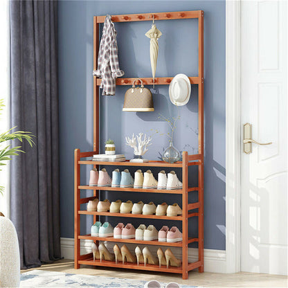 Bamboo 5-Tier Hat Coat Shoe Rack Entryway Bench Hanger Storage - Image 6
