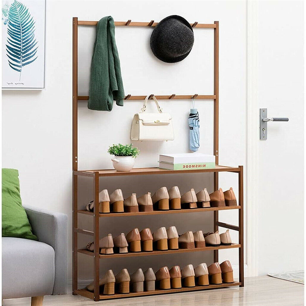 Bamboo 5-Tier Hat Coat Shoe Rack Entryway Bench Hanger Storage - Image 7