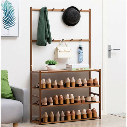 Bamboo 5-Tier Hat Coat Shoe Rack Entryway Bench Hanger Storage - Image 7