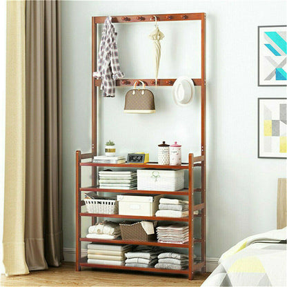 Bamboo 5-Tier Hat Coat Shoe Rack Entryway Bench Hanger Storage - Image 8