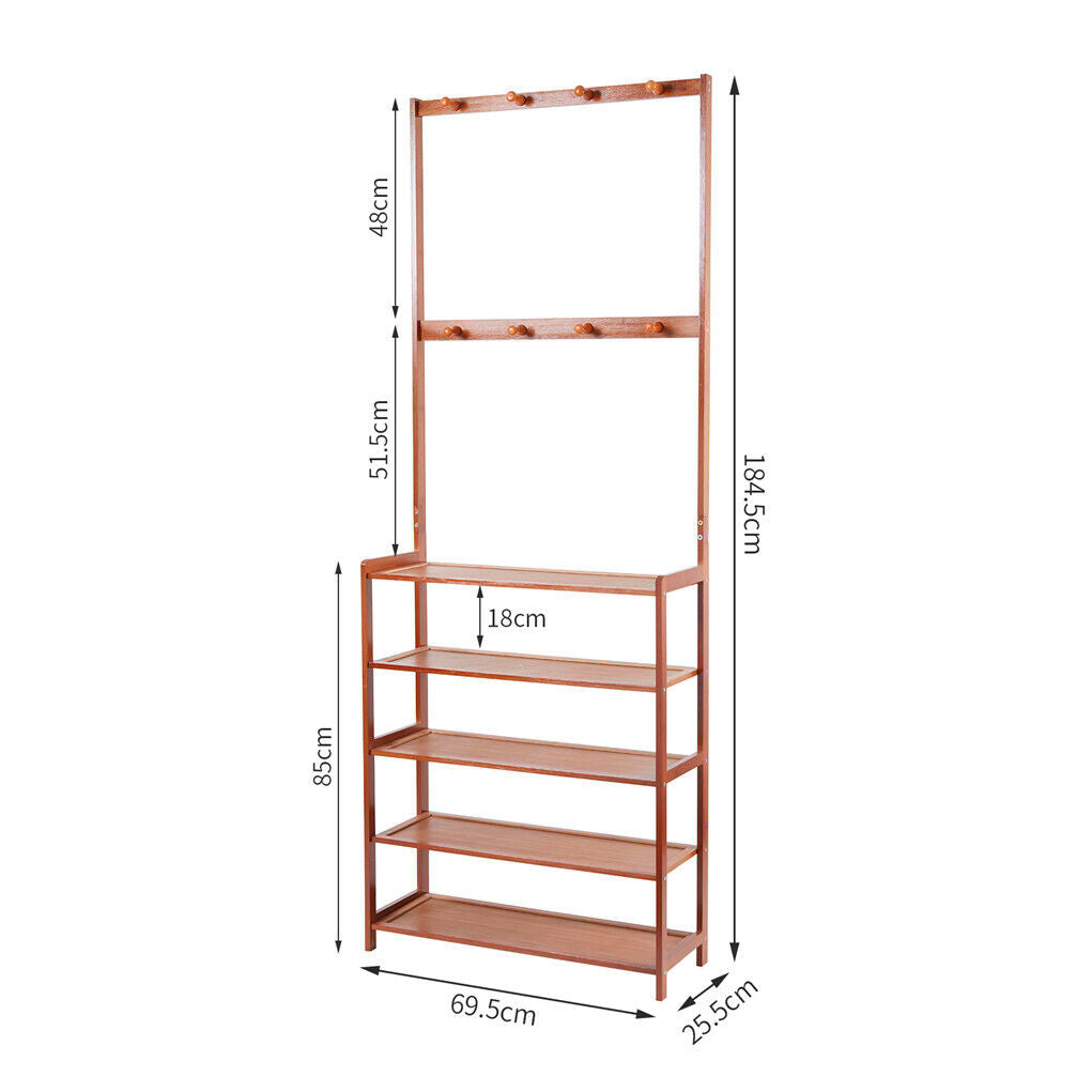 Bamboo 5-Tier Hat Coat Shoe Rack Entryway Bench Hanger Storage - Image 9