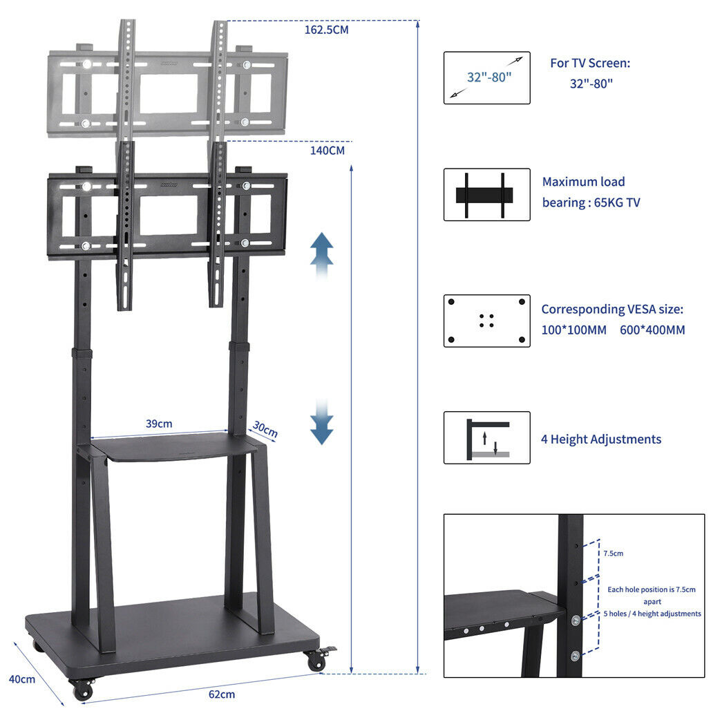 32-80 Rolling TV Stand with 2-Tier Shelf Adjustable Mount - Image 4