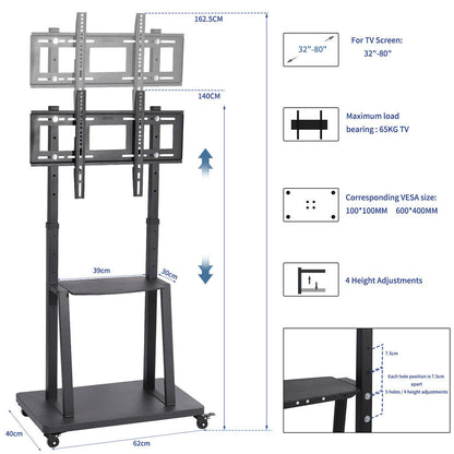 32-80 Rolling TV Stand with 2-Tier Shelf Adjustable Mount - Image 4