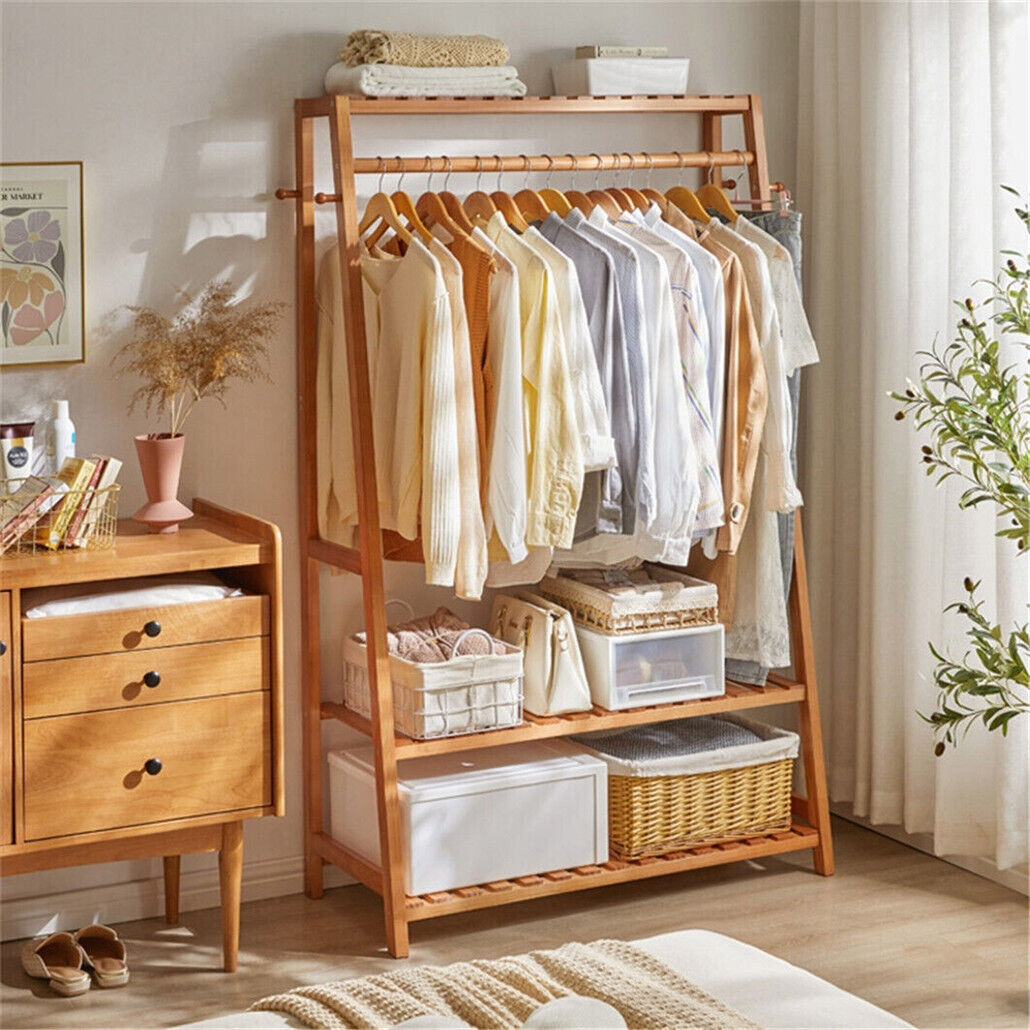 Bamboo Garment Rack Portable Laundry Storage Nature - - Image 5
