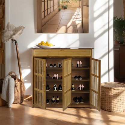 XXL 4-Tier Bamboo Shoe Rack Cabinet with Doors, Drawers - Image 2
