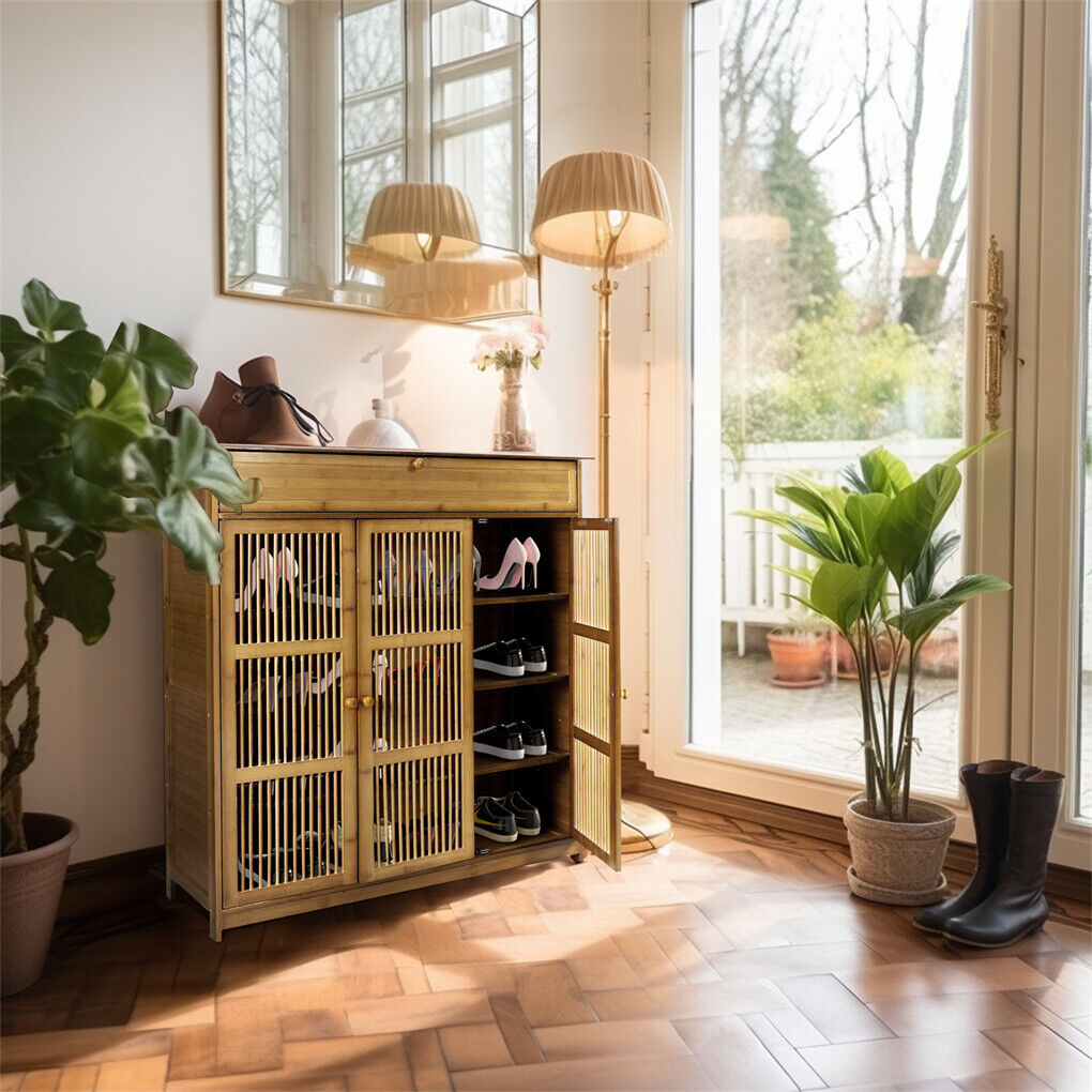 XXL 4-Tier Bamboo Shoe Rack Cabinet with Doors, Drawers - Image 8