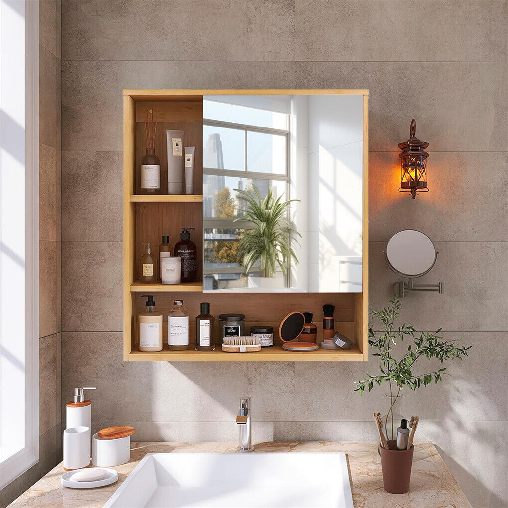 Bamboo Wall Medicine Cabinet Mirror 55.5cm 5 Shelf - Image 2