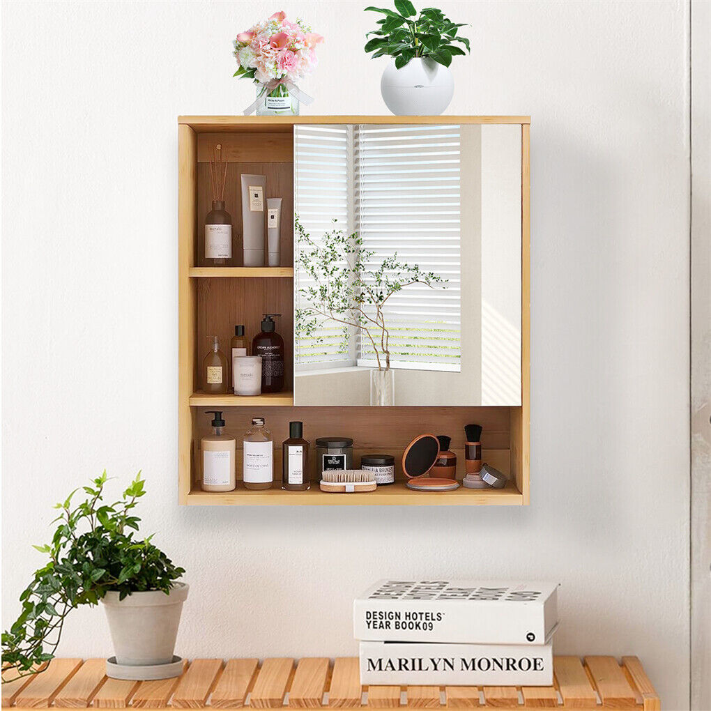 Bamboo Wall Medicine Cabinet Mirror 55.5cm 5 Shelf - Image 3