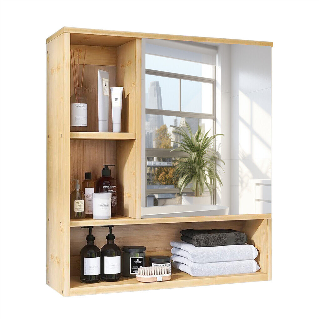 Bamboo Wall Medicine Cabinet Mirror 55.5cm 5 Shelf - Image 4