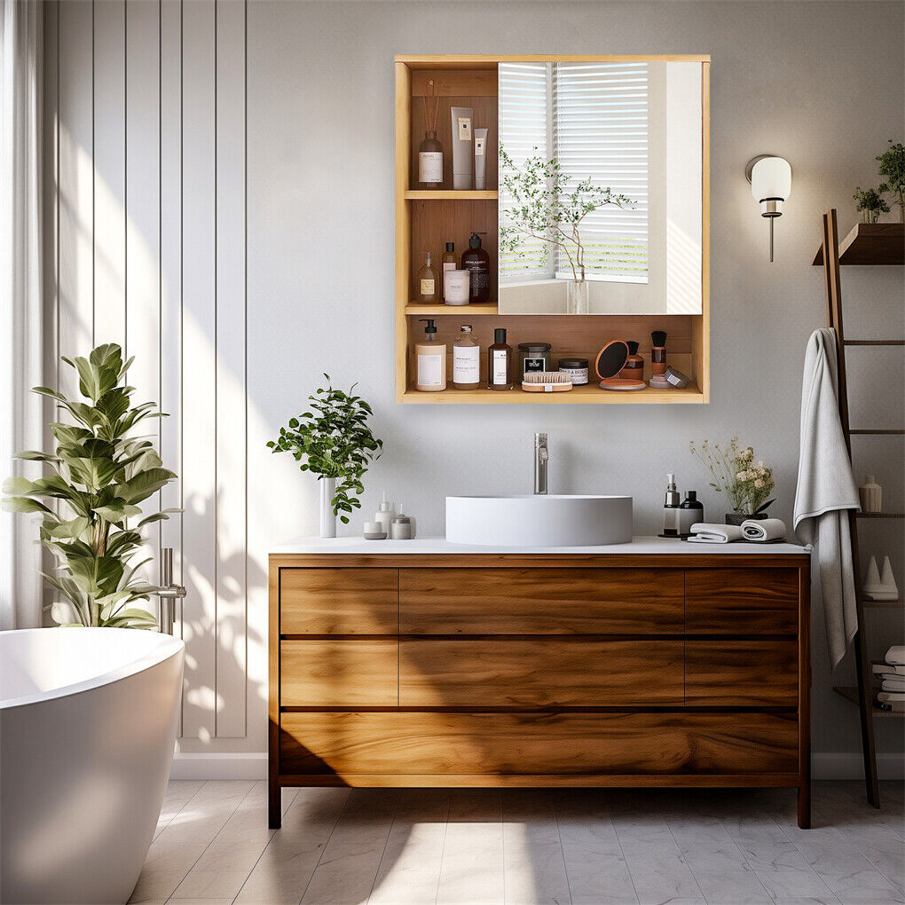 Bamboo Wall Medicine Cabinet Mirror 55.5cm 5 Shelf - Image 6