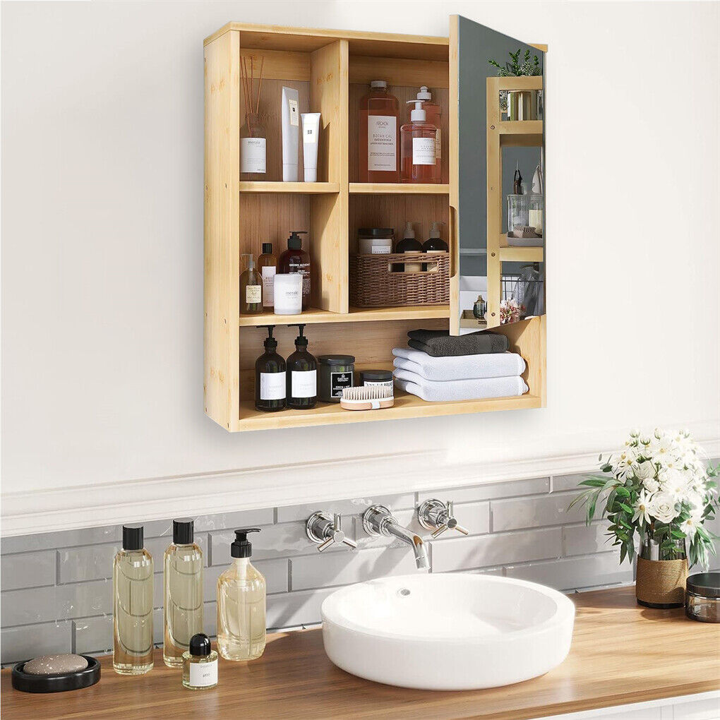 Bamboo Wall Medicine Cabinet Mirror 55.5cm 5 Shelf - Image 7