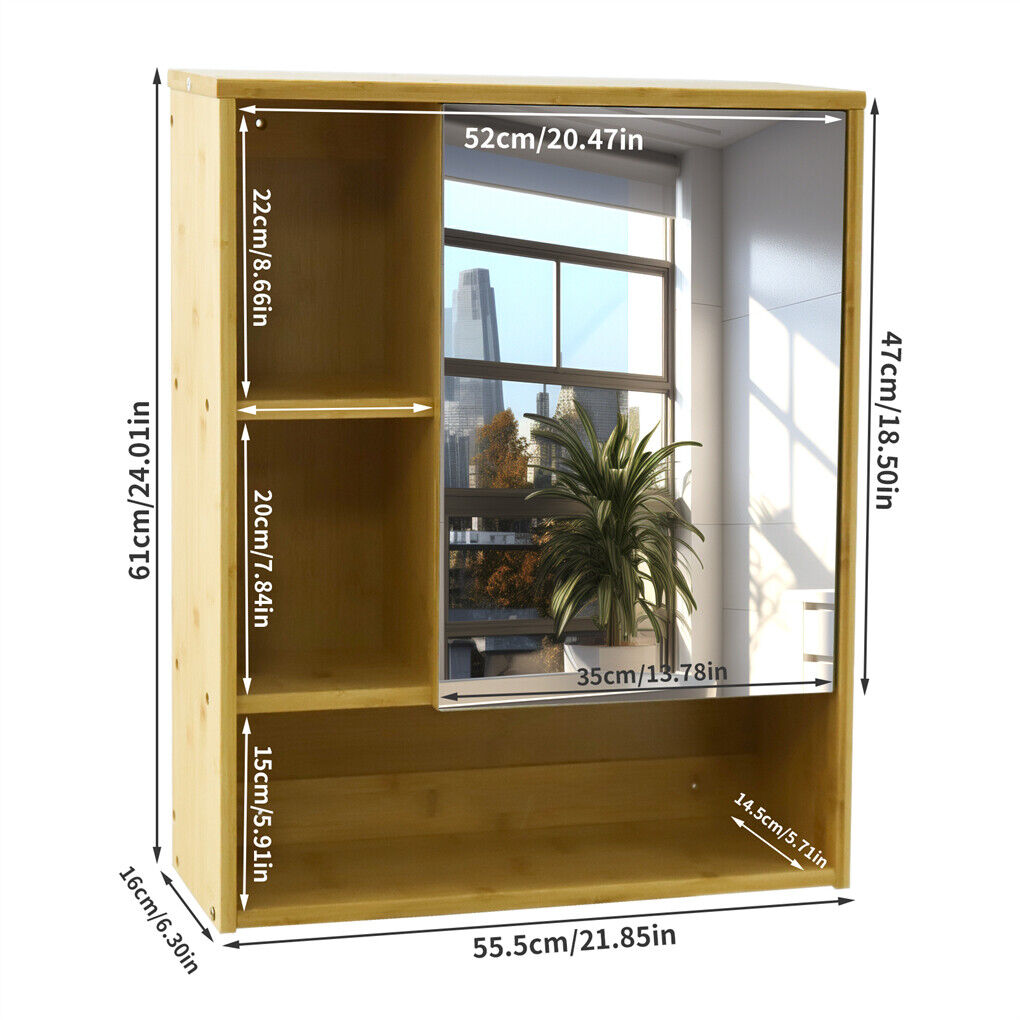 Bamboo Wall Medicine Cabinet Mirror 55.5cm 5 Shelf - Image 8