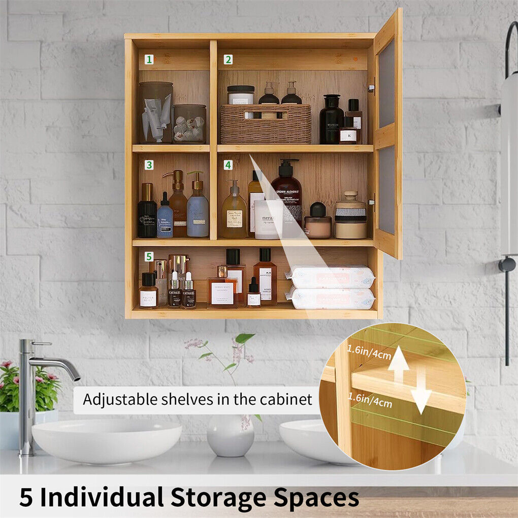 Bamboo Wall Medicine Cabinet Mirror 55.5cm 5 Shelf - Image 9