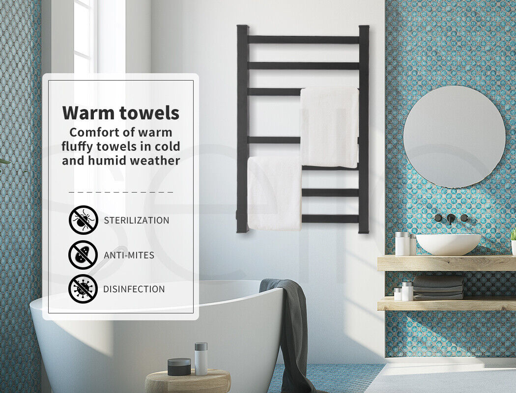 Aluminium Heated Towel Rail 7-Bar Electric Warmer Black - Image 2