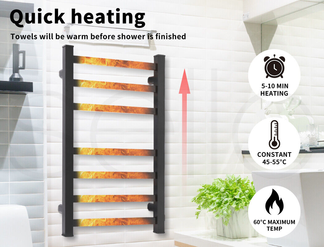 Aluminium Heated Towel Rail 7-Bar Electric Warmer Black - Image 3