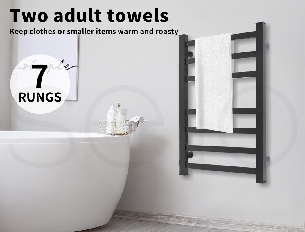 Aluminium Heated Towel Rail 7-Bar Electric Warmer Black - Image 7